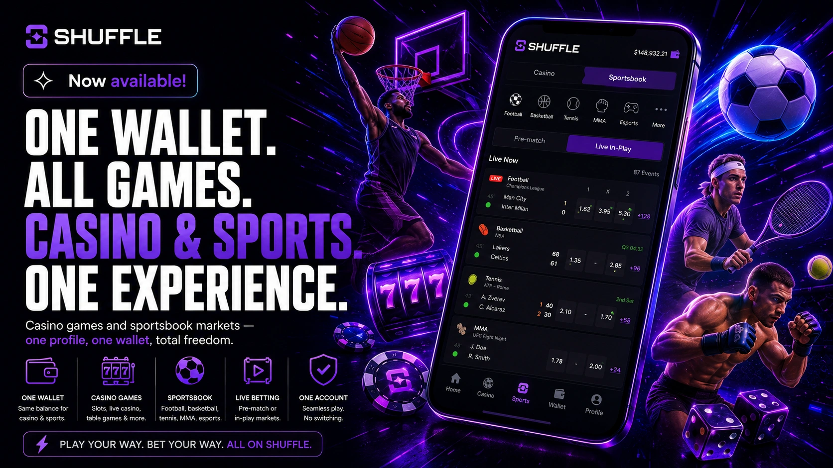 Shuffle sportsbook and casino platform with one wallet experience