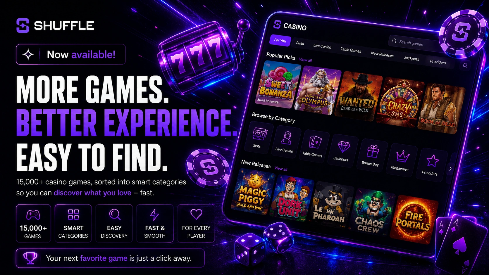 Shuffle game lobby with smart categories and casino discovery tools