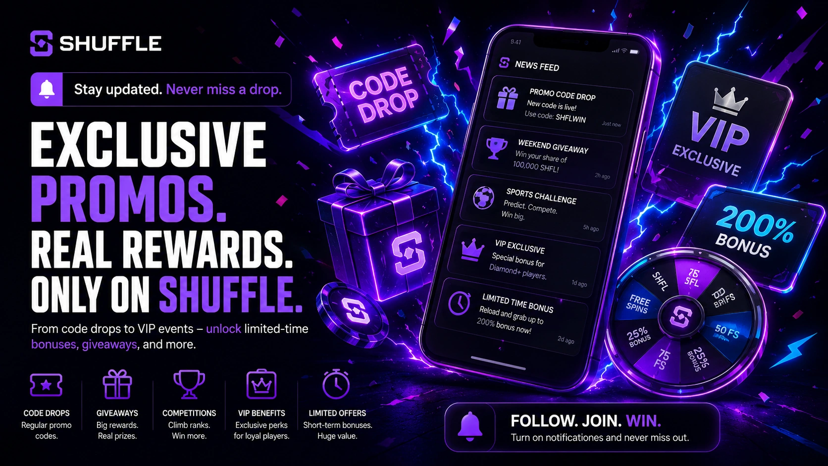 Shuffle promo drops featuring VIP perks, giveaways and bonus rewards