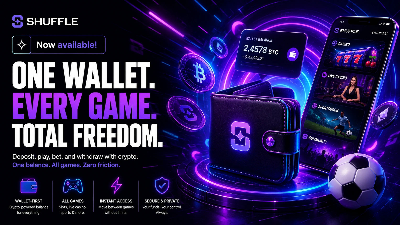 Shuffle wallet system connecting crypto balances across all games
